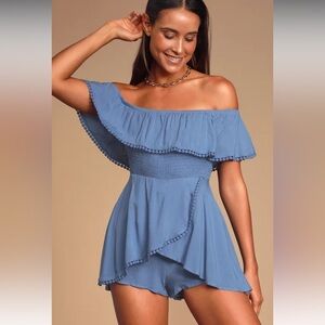 Lulus Blissful Periwinkle Blue Off-the-Shoulder Smocked Romper